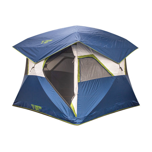 "Territory Tents Jet Set 4 Hub Tent, spacious four-person camping tent with blue and grey rainfly"