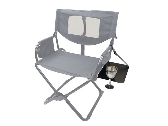 Alt text: inchFront Runner Expander Chair with Side Table and Cup Holder in a collapsed position showing grey fabric and metal frame.inch