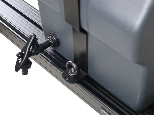 Close-up view of a 42L Front Runner Pro Water Tank with mounting hardware and secure fastening system.