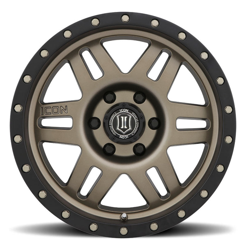 Load image into Gallery viewer, ICON Vehicle Dynamics Six Speed bronze wheel with black trim and silver rivet detailing on a white background.
