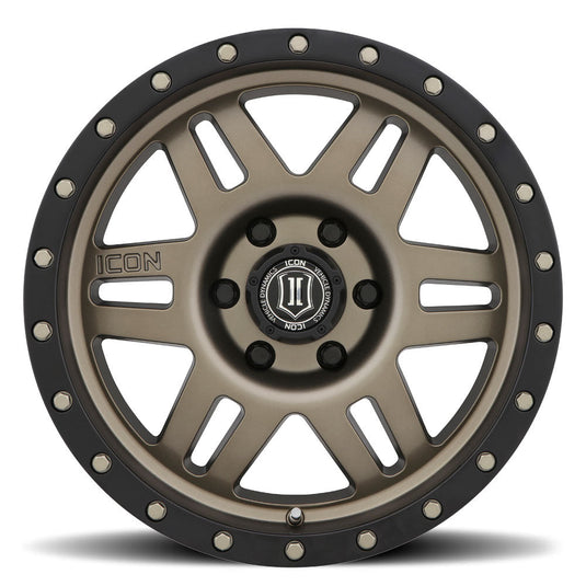 ICON Vehicle Dynamics Six Speed bronze wheel with black trim and silver rivet detailing on a white background.