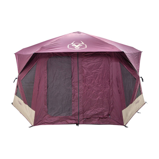 Gazelle Tents T-Hex Hub Tent Overland Edition in maroon and beige color scheme displayed on a white background.