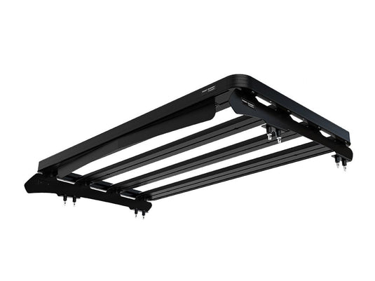 Alt text: "Front Runner Slimline II Roof Rack Kit designed for 3rd Gen Toyota Tundra, black modular cab over camper style, side view isolated on white background."