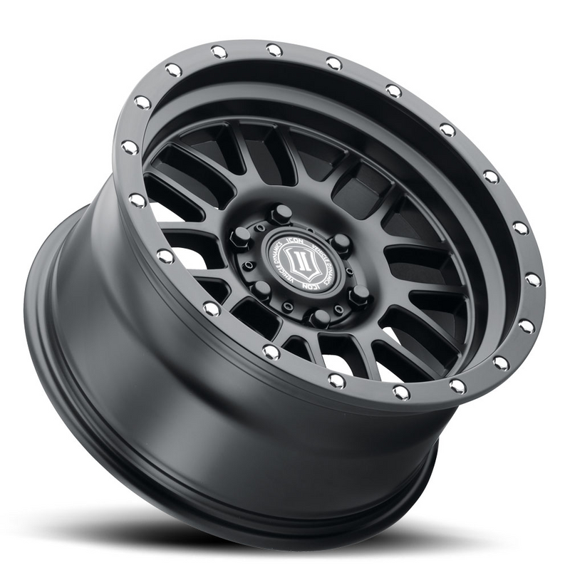 Load image into Gallery viewer, ICON Vehicle Dynamics Alpha wheel in black with a black ring, featuring rugged 6-spoke design and branded center cap.
