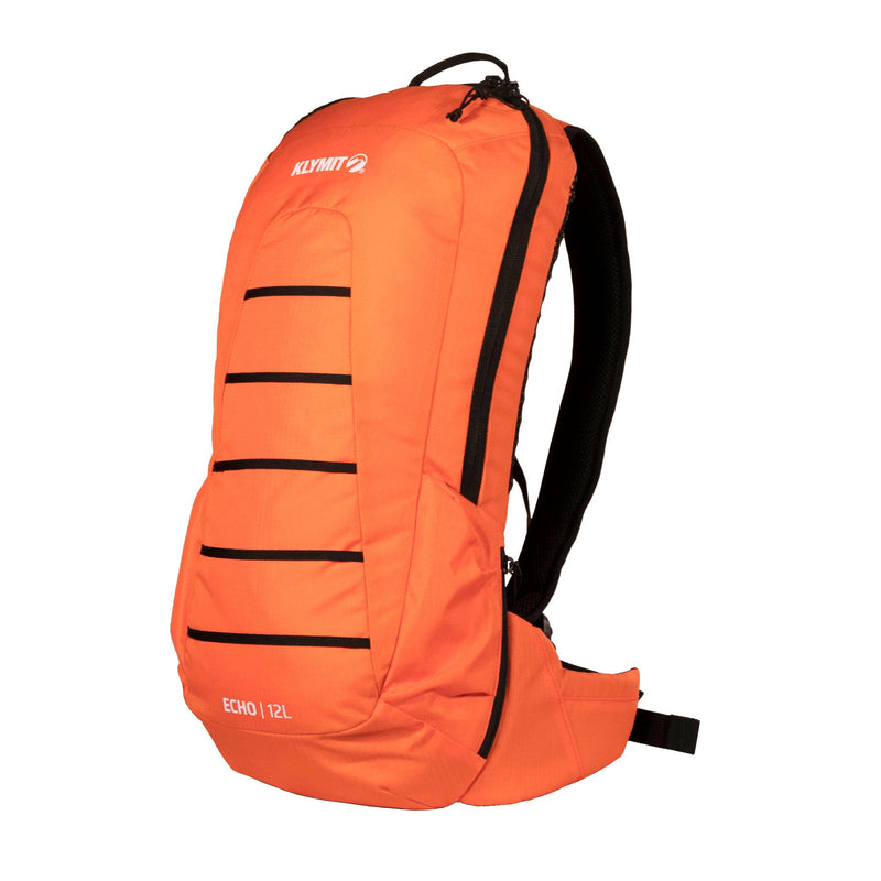 Load image into Gallery viewer, Klymit Echo 12L hydration pack in orange with reflective stripes and black shoulder straps, isolated on a white background.
