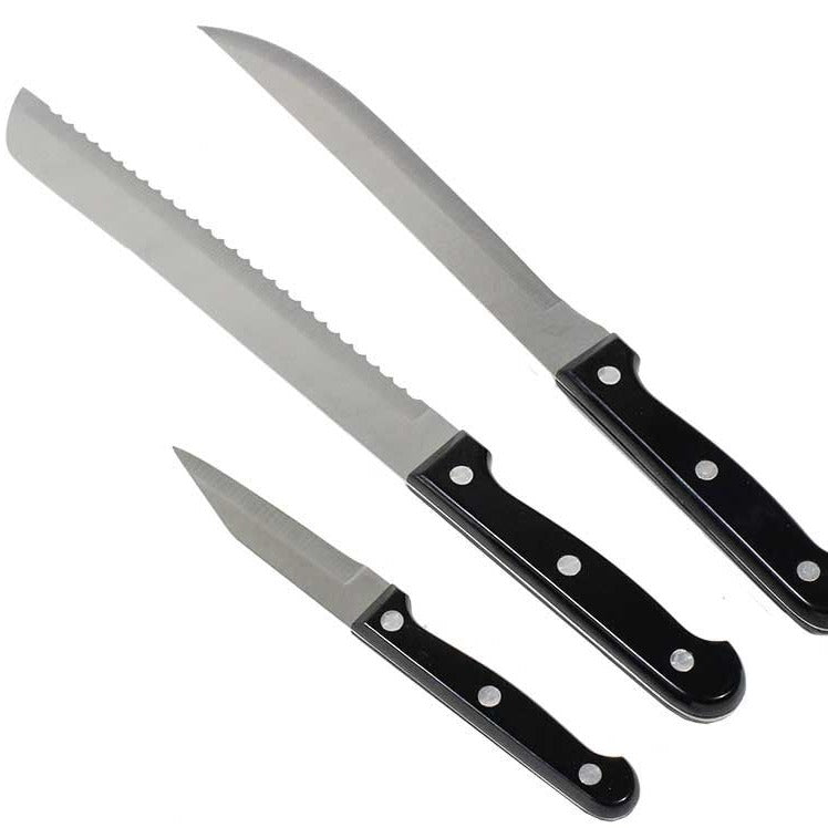 Load image into Gallery viewer, Set of three stainless steel kitchen knives with black handles for Front Runner Camp Kitchen Utensil Set.
