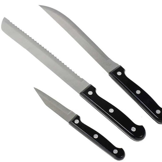 Set of three stainless steel kitchen knives with black handles for Front Runner Camp Kitchen Utensil Set.