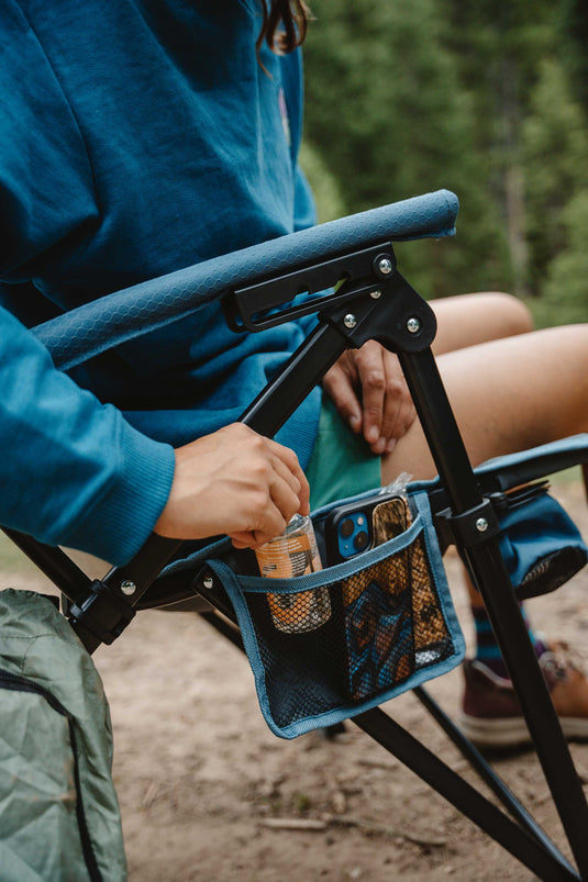 Experience Leisure in the Klymit Switchback Camp Chair - Blue Side Pocket