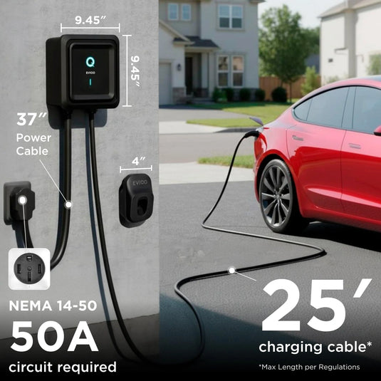 EVIQO NACS Level 2 EV Charger, 40A (9.6kW), 240V, NEMA 14-50 Plug In, for Tesla EVs