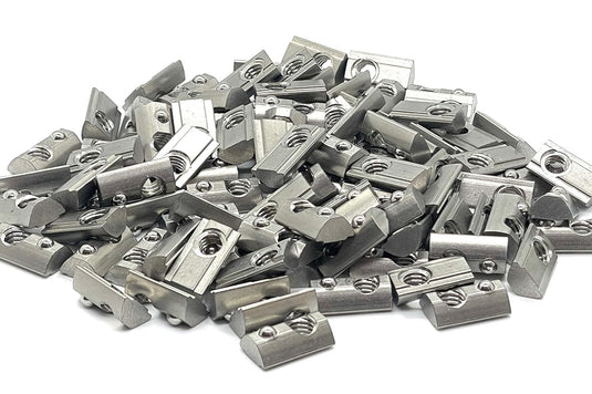 15S Roll-In T-Nuts w/ Ball Spring & Alignment Grooves - Stainless Steel (5/16-18 & 1/4-20 Thread)