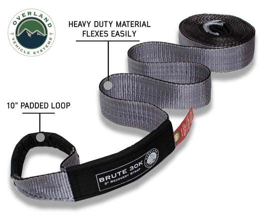 Overland Vehicle Systems Tow Strap 30,000 Lb. 3" X 30' Gray With Black Ends & Storage Bag