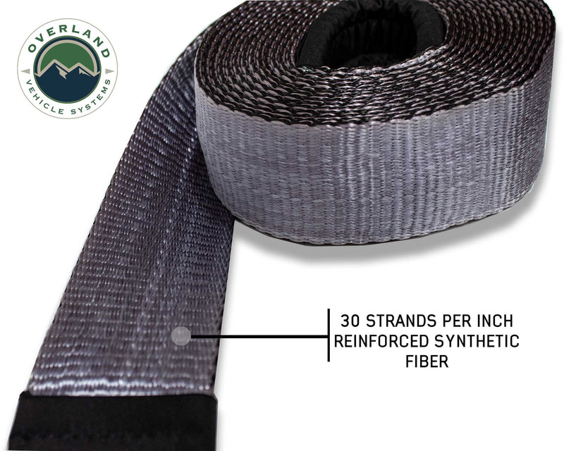 Load image into Gallery viewer, Overland Vehicle Systems Tow Strap 30,000 Lb. 3&quot; X 30&#39; Gray With Black Ends &amp; Storage Bag
