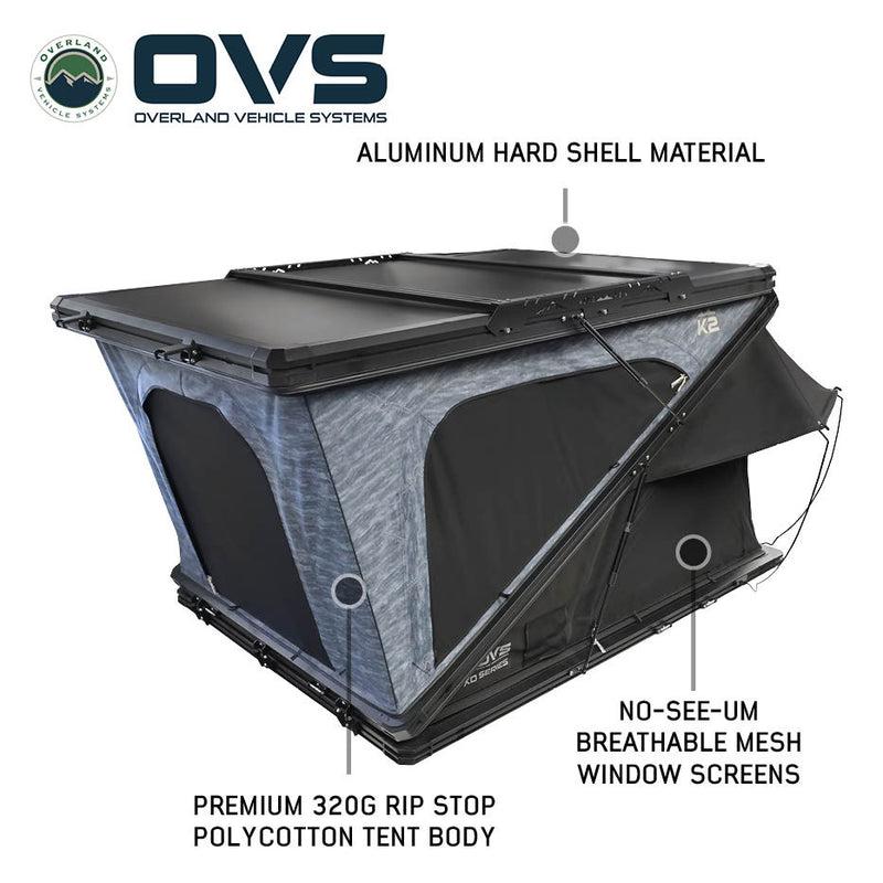 Load image into Gallery viewer, Overland Vehicle Systems XD K2 Clam Shell Pop Up 2 Person Aluminum Hard Shell Roof Top Tent, Blue Body &amp; Black Rainfly
