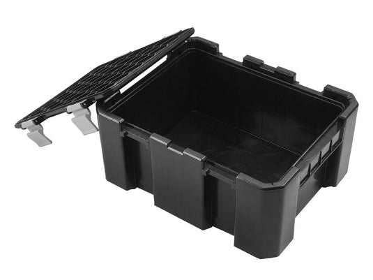Alt text: "Front Runner 4 Wolf Pack Pro Storage System Kit with asymmetrical lid open, showcasing robust black plastic container for vehicle organization."