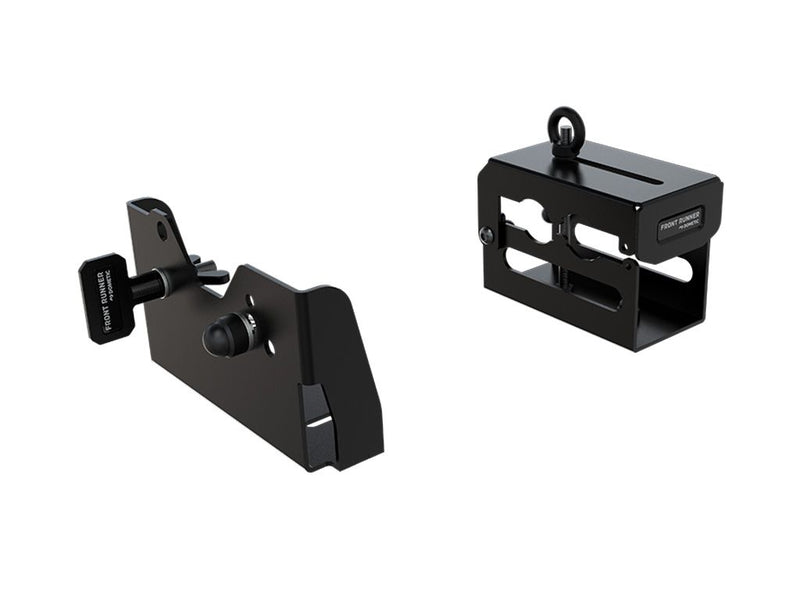 Load image into Gallery viewer, Alt text: &quot;Front Runner Hi-Lift Jack Bracket top mount in black, isolated on a white background, displaying front and rear views.&quot;
