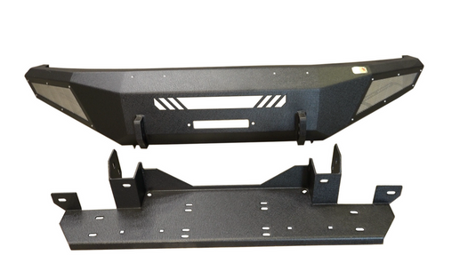 Alt text: "Fishbone Offroad Pelican Front Bumper for 2009-2014 Ford F-150, black powder-coated steel with aggressive angular design."