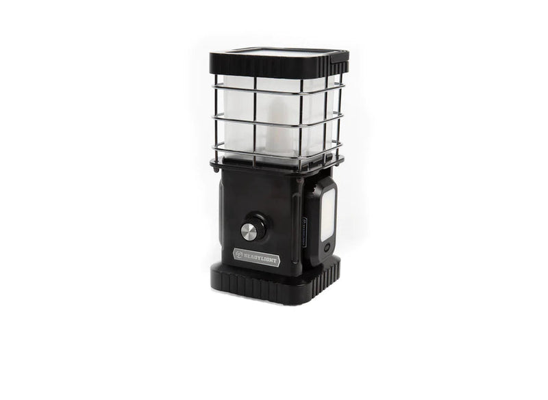 Load image into Gallery viewer, Freespirit Recreation ReadyLight portable camp lantern on a white background, showcasing its black sturdy frame, LED lights, and power buttons.
