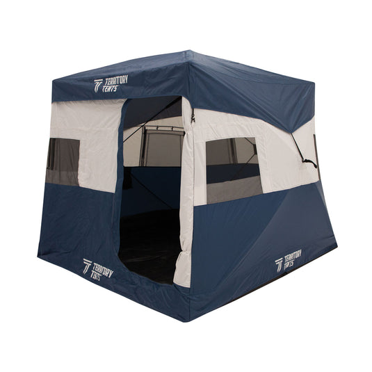 Alt text: "Territory Tents Jet Set 3 Hub Tent set up on a white background highlighting its spacious design and the company logo."