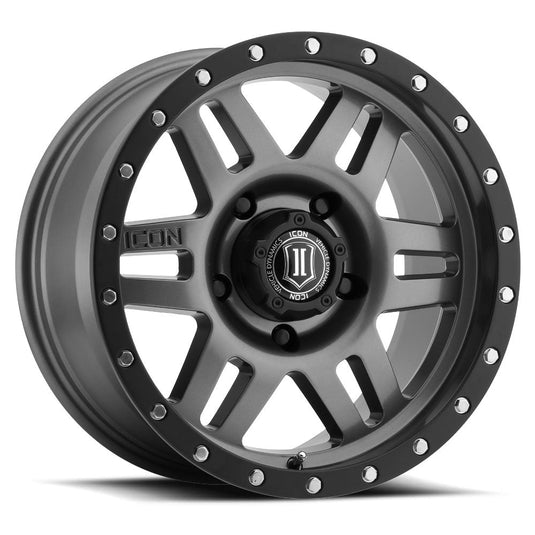 ICON Vehicle Dynamics Six Speed wheel in gunmetal with black ring and branded center cap, high-quality performance rim for off-road vehicles.