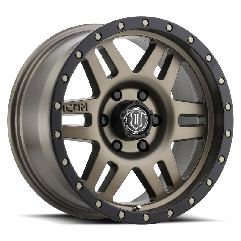 Load image into Gallery viewer, ICON Vehicle Dynamics Six Speed bronze wheel with black accents and visible logo on center cap.

