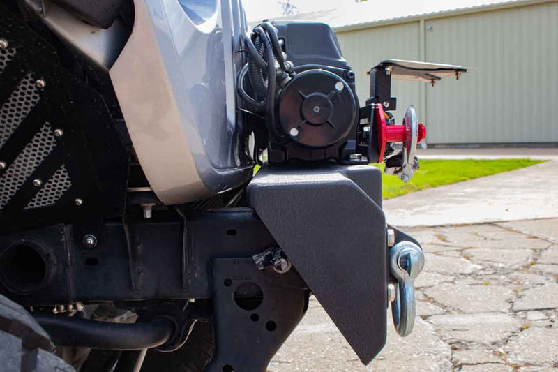 Load image into Gallery viewer, Fishbone Offroad Barracuda Modular Bumper installed on Jeep Wrangler, featuring winch and tow hook.
