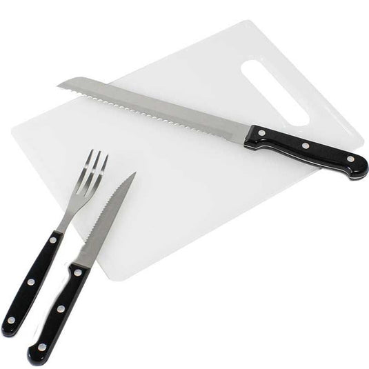 Front Runner Camp Kitchen Utensil Set with stainless steel knife, fork, and cutting board on white background