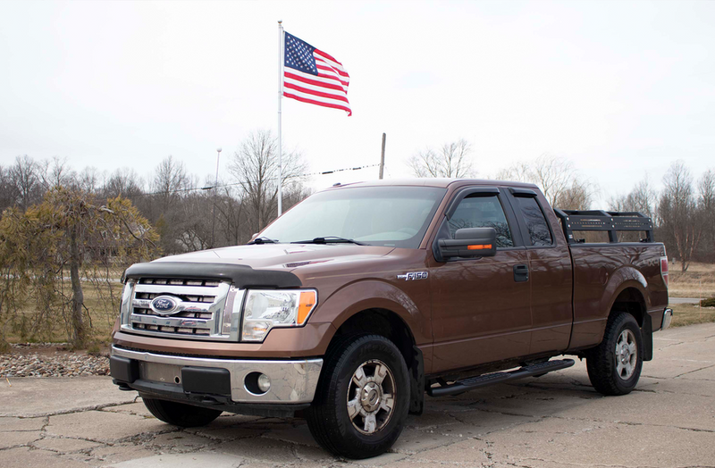 Load image into Gallery viewer, &quot;Fishbone Offroad 5 Inch Oval Side Steps on 2009-2014 Ford F-150 Extended Super Cab with American flag in background&quot;
