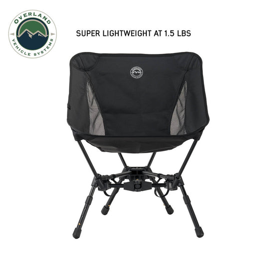 Alt text: "Overland Vehicle Systems compact camping chair with collapsible aluminum frame, black, lightweight at 1.5 lbs."