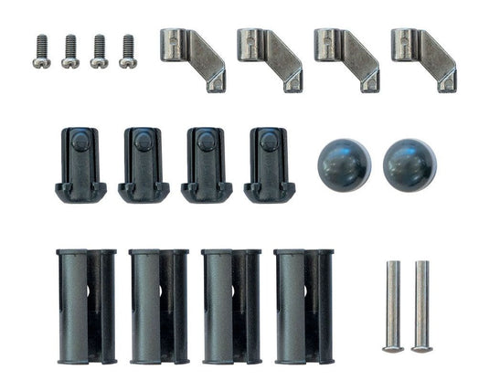 Replacement parts for Front Runner Expander Camping Chair Repair Kit, including screws, brackets, end caps, hinges, and spacer tubes.
