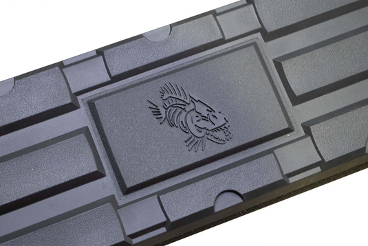 Close-up of Fishbone Offroad logo on a textured black 5-inch oval side step for 2009-2014 Ford F-150 Extended Super Cab.