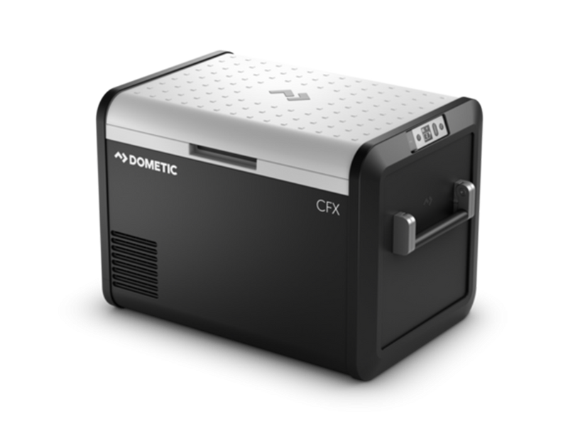 Load image into Gallery viewer, Front Runner Dometic CFX3 55IM portable cooler/freezer with rapid freeze plate, digital temperature display, and robust handles.
