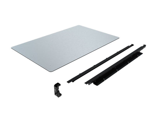 "Front Runner Under Rack Table Kit with stainless steel table and mounting slides on a white background"