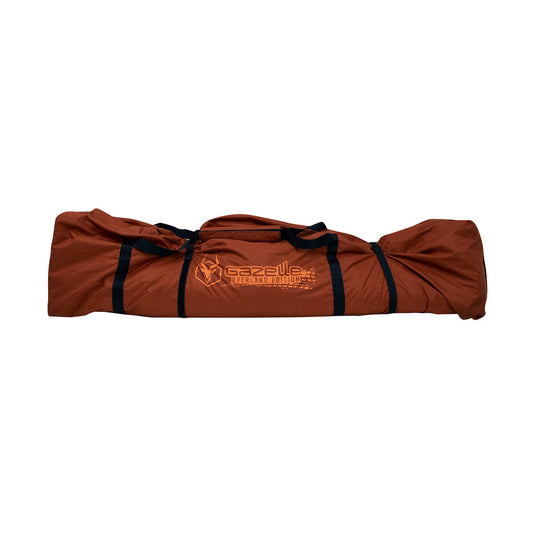 Water-resistant duffle bag by Gazelle Tents T4 Plus/T8 in brown with logo, suitable for outdoor gear storage and camping equipment.