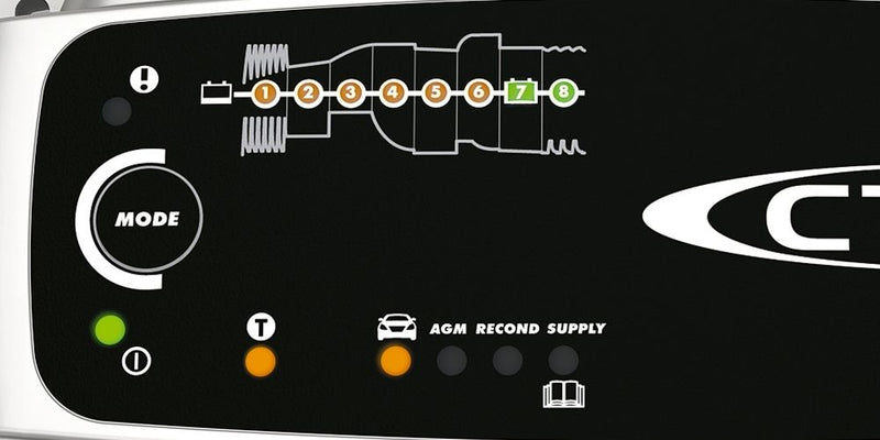 Load image into Gallery viewer, Close-up of Front Runner MXS10 12V 10A Battery Charger interface with mode selection dial and charging progress indicators.
