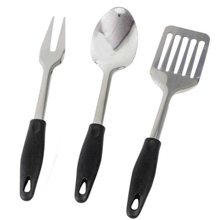 Load image into Gallery viewer, Front Runner Camp Kitchen Utensil Set including stainless steel fork, spoon, and spatula with black handles
