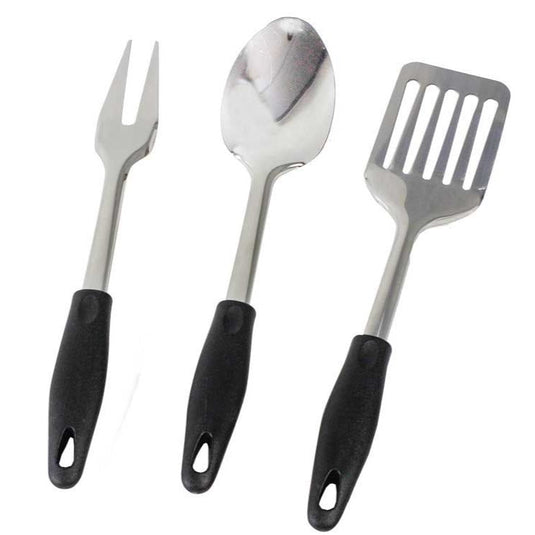 Front Runner Camp Kitchen Utensil Set including stainless steel fork, spoon, and spatula with black handles