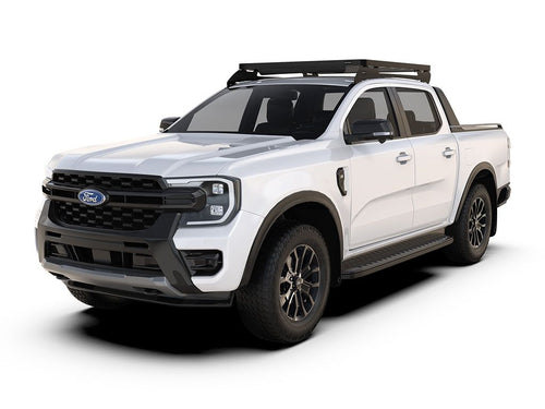 White 2022 Ford Ranger T6.2 Double Cab with Slimline II Roof Rack Kit by Front Runner, parked on a white background.