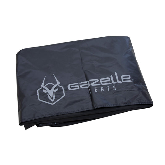 Alt text: inchGazelle Tents G6 6-Sided Gazebo Footprint folded and laid flat, showcasing logo and branding on a dark fabric background for outdoor camping gear.inch
