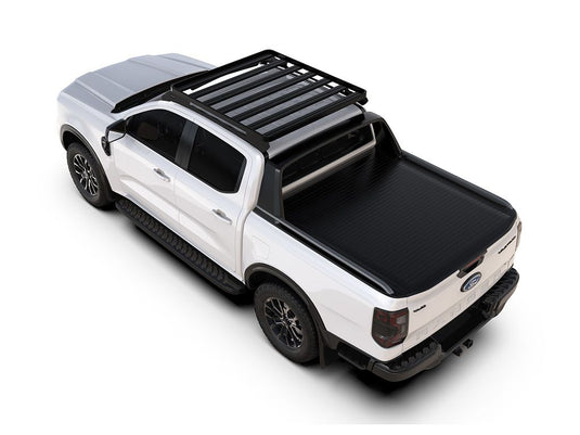 White 2022 Ford Ranger T6.2 Double Cab with Slimline II Roof Rack Kit by Front Runner installed, angled view showing side profile and roof detail.