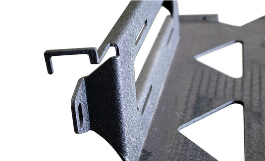 Alt text: Close-up of Fishbone Offroad winch plate for 2021 Ford F-150, compatible with Pelican front bumper, showing texture and mounting points.