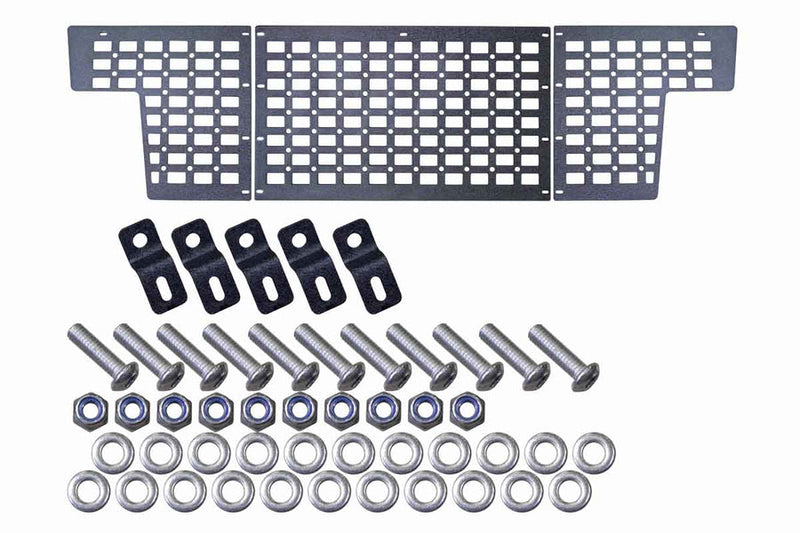 Load image into Gallery viewer, Alt text: &quot;Fishbone Offroad Molle Panel for 2016-2023 Toyota Tacoma, front bed wall installation kit with panel, mounting brackets, bolts, washers, and nuts on white background.&quot;

