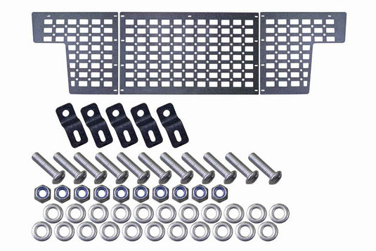 Alt text: "Fishbone Offroad Molle Panel for 2016-2023 Toyota Tacoma, front bed wall installation kit with panel, mounting brackets, bolts, washers, and nuts on white background."