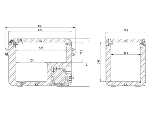 "Technical schematic of Front Runner Dometic CFX3 45 portable cooler/freezer with dimensions"