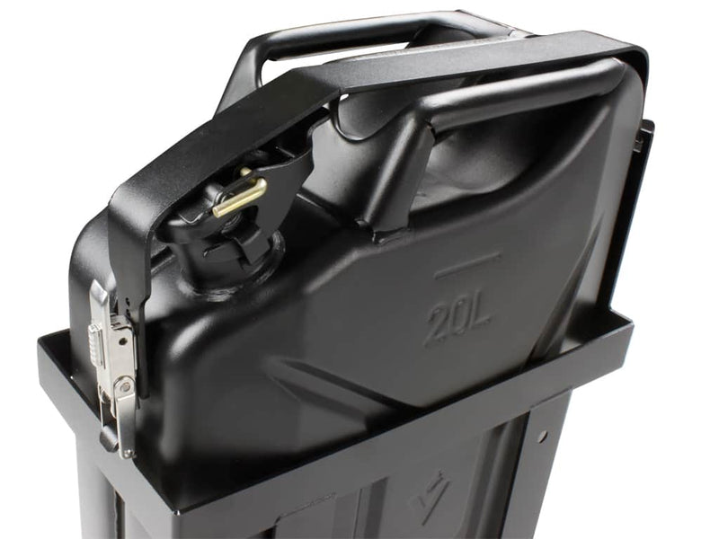 Load image into Gallery viewer, Black 20-liter Front Runner Vertical Jerry Can Holder showing the secure latch mechanism and mounting bracket.
