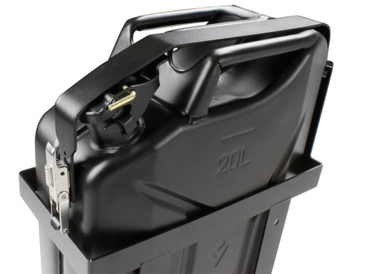 Black 20-liter Front Runner Vertical Jerry Can Holder showing the secure latch mechanism and mounting bracket.