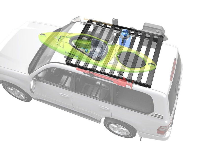 Load image into Gallery viewer, Front Runner Slimline II Roof Rack Kit installed on Toyota Land Cruiser 100 Series / Lexus LX470 with gear storage optimization layout.
