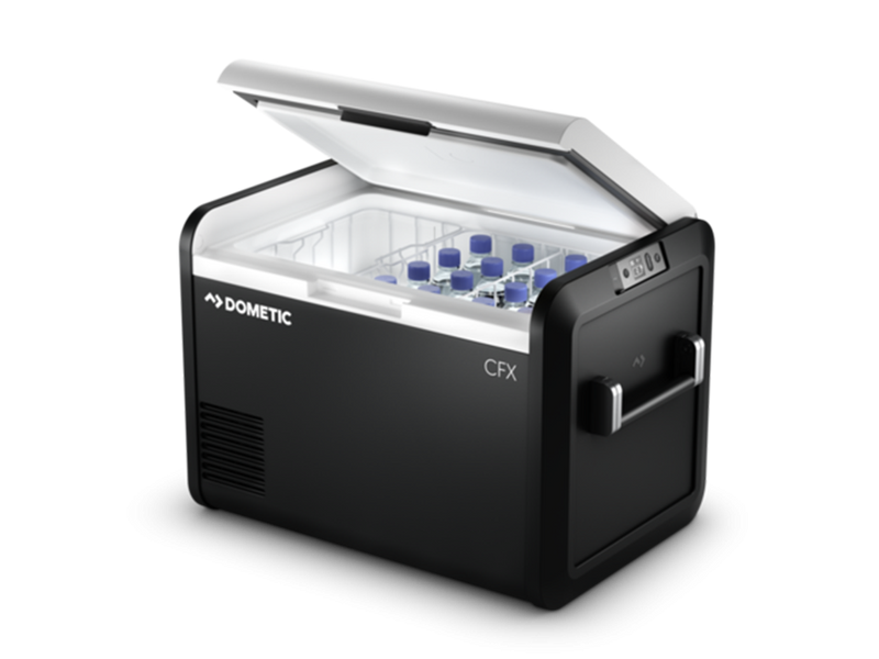 Load image into Gallery viewer, Alt text: &quot;Dometic CFX3 55IM Cooler/Freezer with Rapid Freeze Plate featuring digital display and bottles inside, perfect for camping and outdoor activities.&quot;
