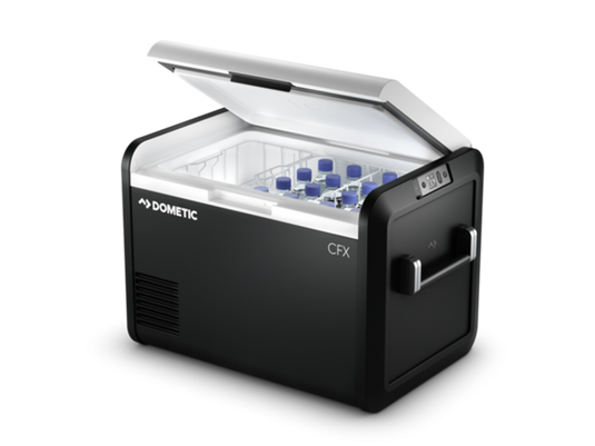 Alt text: "Dometic CFX3 55IM Cooler/Freezer with Rapid Freeze Plate featuring digital display and bottles inside, perfect for camping and outdoor activities."