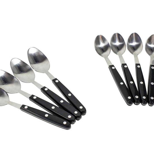 Stainless steel spoons with black handles from Front Runner Camp Kitchen Utensil Set.