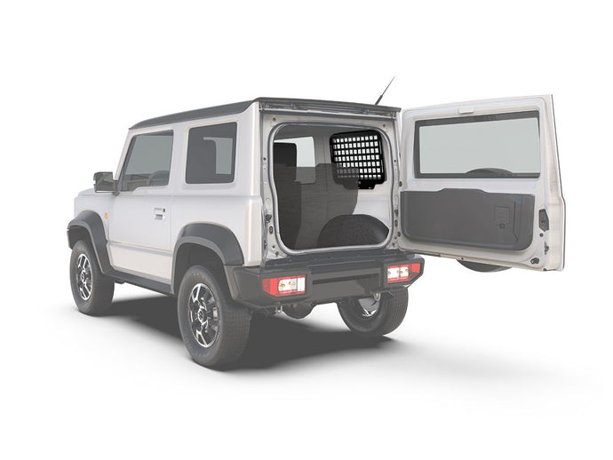 Alt text: inch2018-current Suzuki Jimny 3 Door with Front Runner rear window molle panel accessory attached, tailgate open, on a clear background.inch